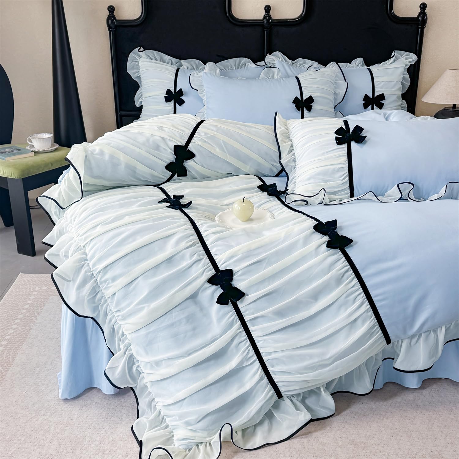 Ruffle Beddding Set with Bowtie,Chic Lace Bedding,Girls Twin Aesthetic Comforter Cover Set,Romantic French Princess Style Ruffled Duvet Cover with Lovely Bow with Zipper Closure