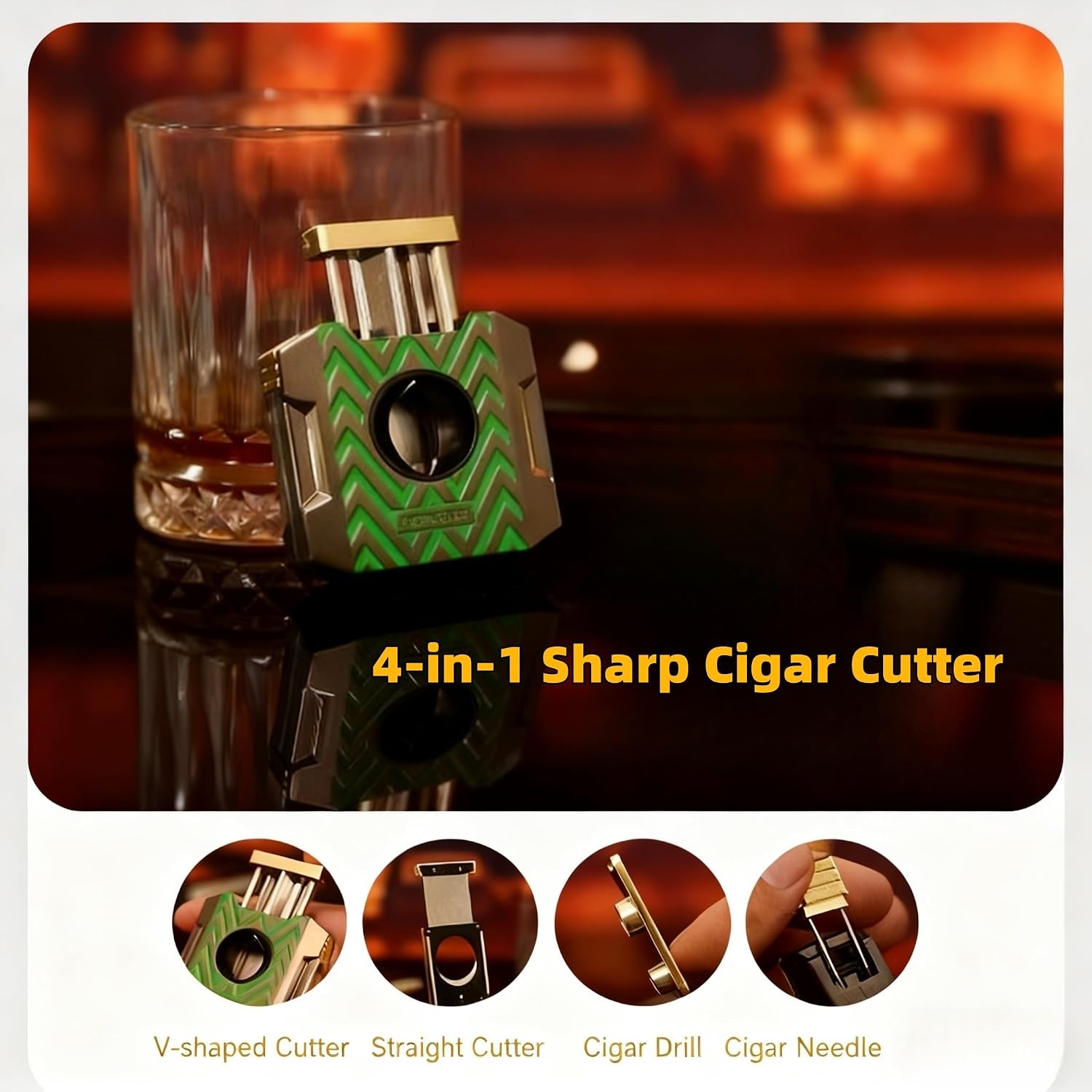 Cigar Cutter Tool, Portable 4-in-1 Cigar Cutter, V Cut, Straight Cut, Punch and Needle Holder, Premium Zinc Alloy Multi-Functional Cigar Accessories for Men, Gift for Cigar Enthusiasts