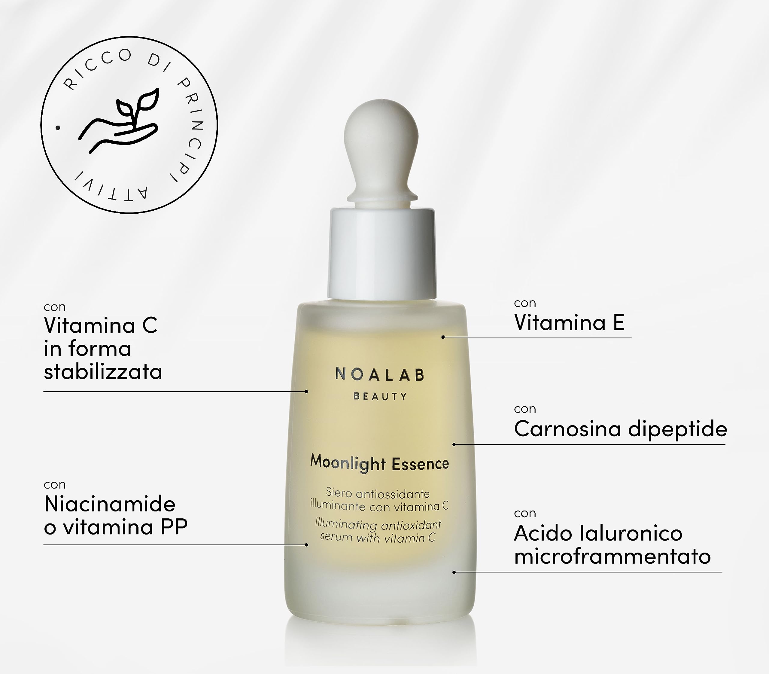 Moonlight Essence Siero Viso Vitamina C 10% Stabilizzata, Anti Age, Idratante, Anti Rughe e Macchie Pelle, Niacinamide, Acido Ialuronico e Vitamina E, Illuminante e Antiossidante, Made in Italy, 30 ml