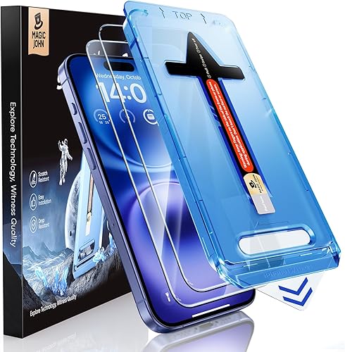 MAGIC JOHN Paquete de 2 protectores de pantalla de vidrio templado para iPhone 16 de 6.1 pulgadas (no Pro), eliminación automática de polvo, sin