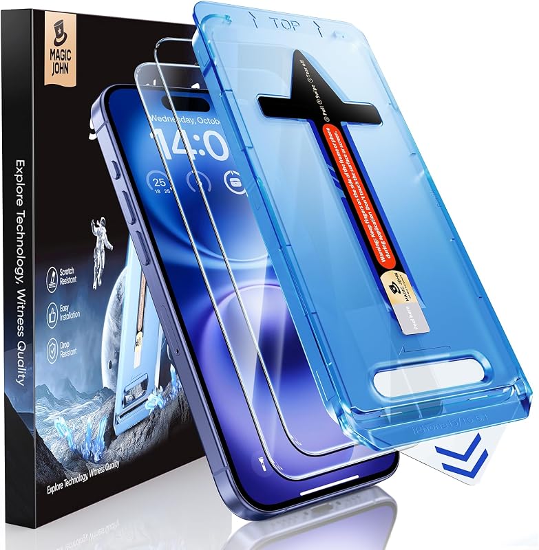 MAGIC JOHN for iPhone 16 Screen Protector Tempered Glass Easy Installation | 2 Pack, Auto Dust-Elimination, Bubble Free, Anti-Scratch, HD Clear, 6.1 inch
