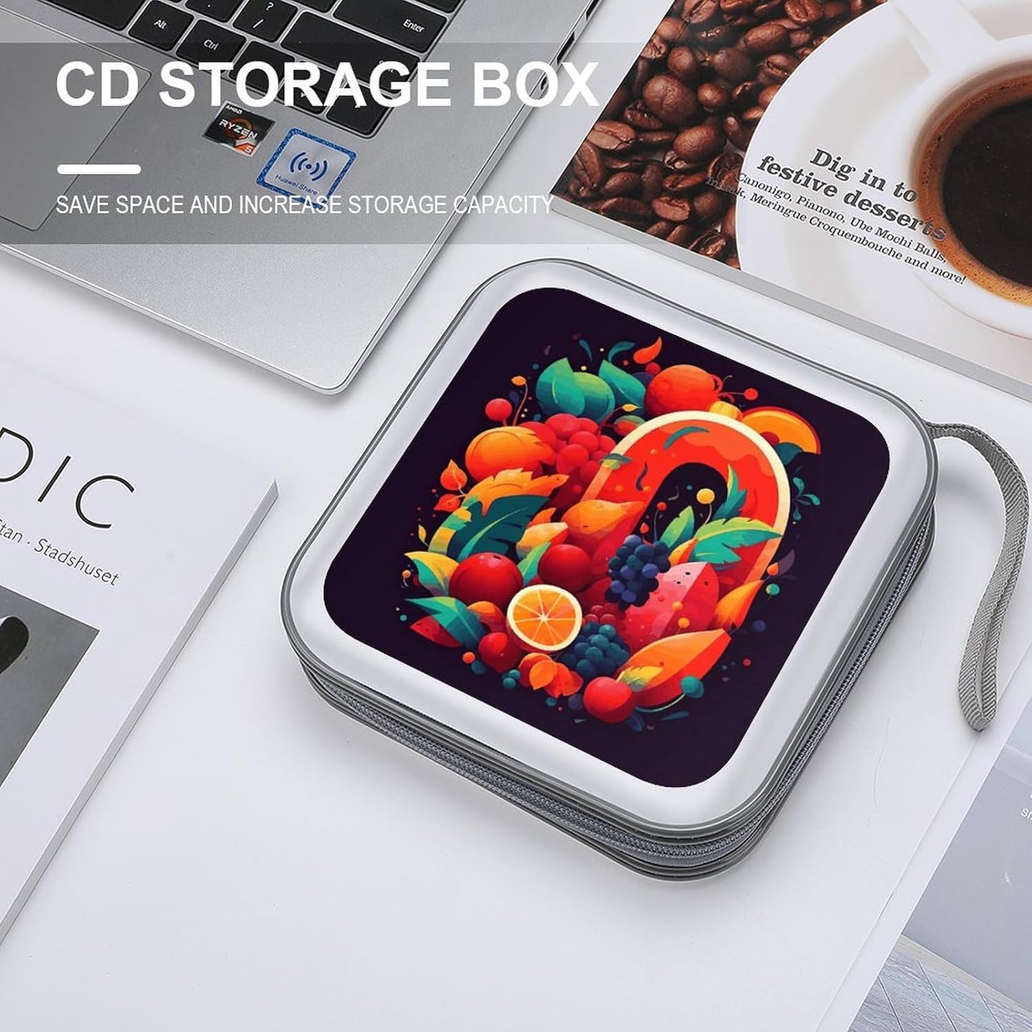 Colorful Fruits And Vegetables CD Case Wallet 40 Capacity, Durable Waterproof Plastic CD/DVD Storage Case with Handle & Zip Closure, Portable DVD Disc Cases for Car, Office, Travel image 3