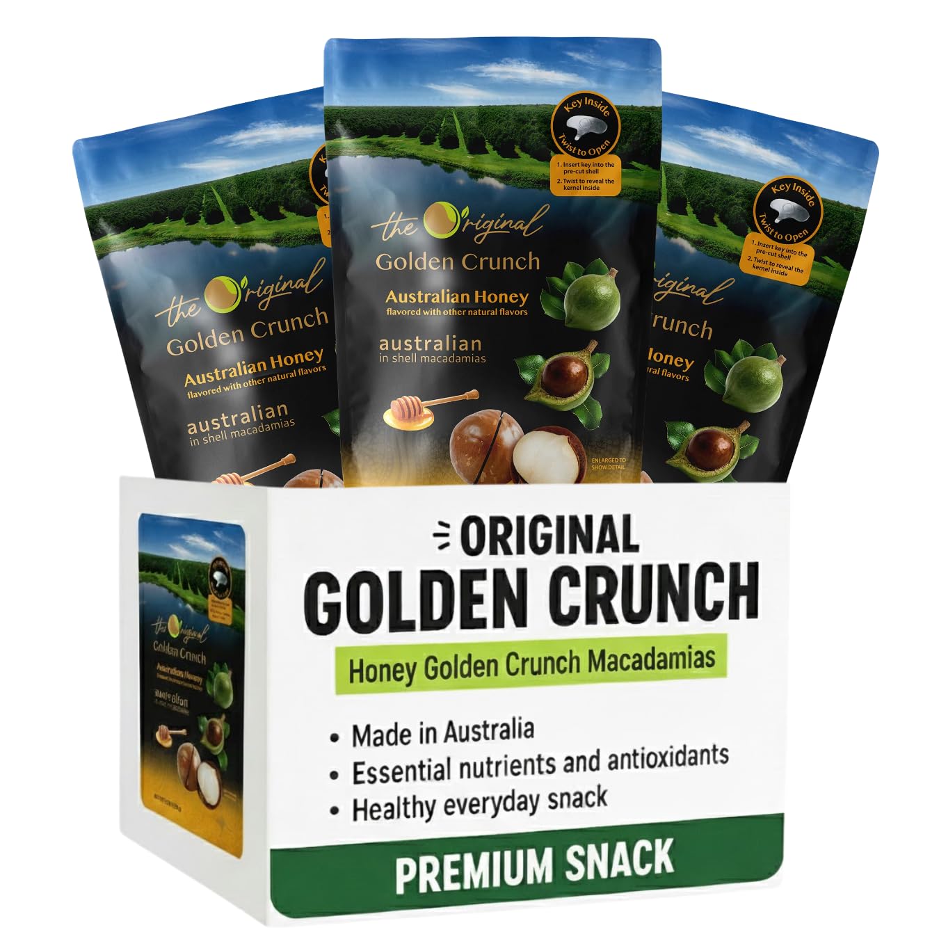 Golden Crunch In-Shell Macadamias 225g - Premium Australian Macadamia Nuts with Variety Natural Flavors | Crunchy, Creamy & Heart-Healthy Snack (Pack of 3, Australian Honey)