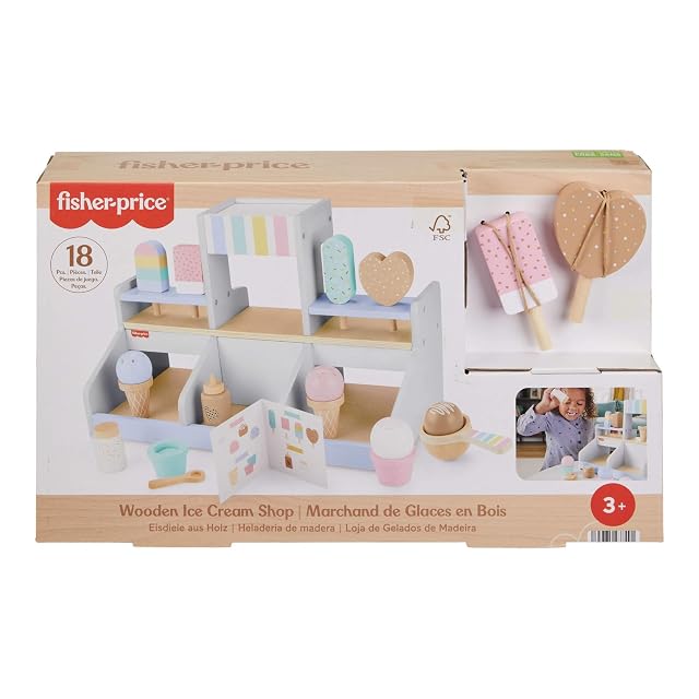 Fisher-Price Heladería de madera, juguete de imitación con 18 piezas fabricadas en material certificado FSC