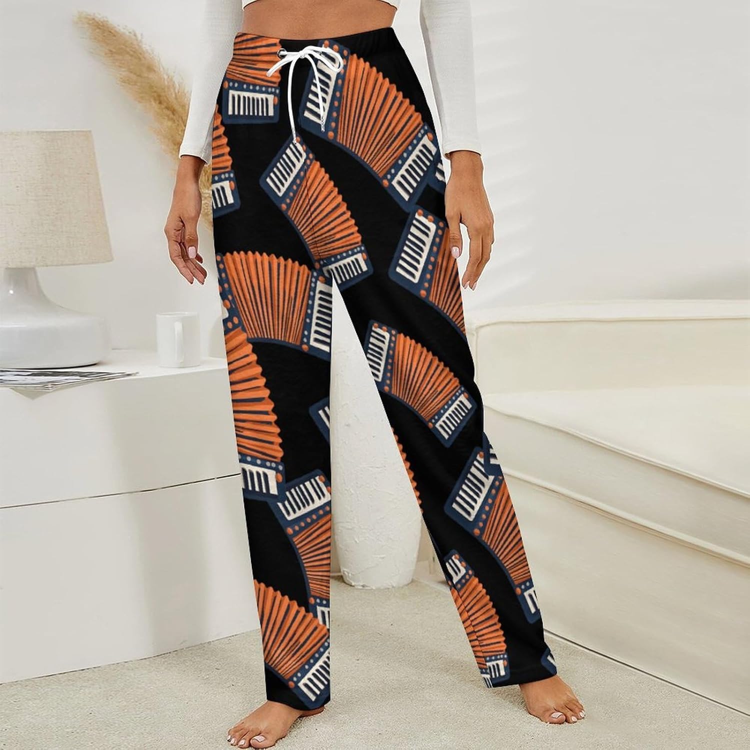 Accordion Women's Pajama Bottoms Flannel Sleepwear Pants Elastic Waist Loose Lounge Trousers
