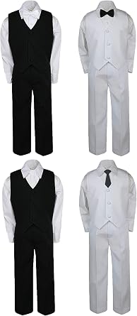 3pc Black White Toddler Boy Wedding Formal Party Bow tie Necktie Vest Suit Sm -20 M 6-12 Months, White Vest Set w/Black Necktie