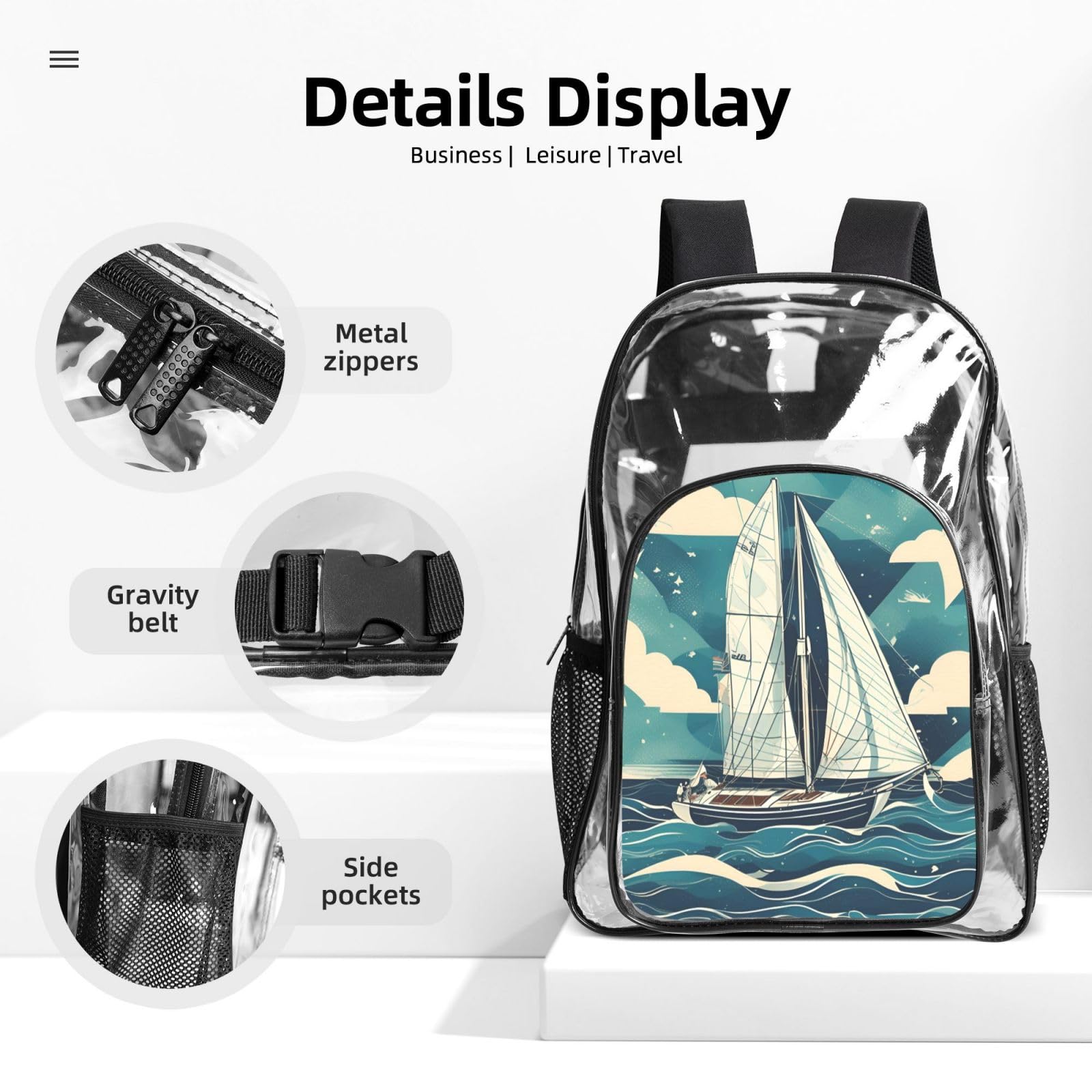 Ocean Sailboat Zaino Stampato Set 3 in 1 Trasparente Borsa Set Per Scuola Lavoro Stadio Eventi E Trasporto quotidiano