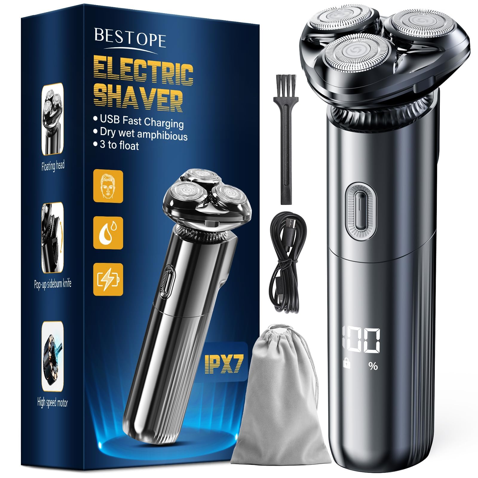 Rasoio elettrico da uomo rasoio elettrico - rasoio da uomo elettrico 3D a secco con testine di rasatura magnetiche IPX7 con blocco da viaggio rasoio bagnato e asciutto