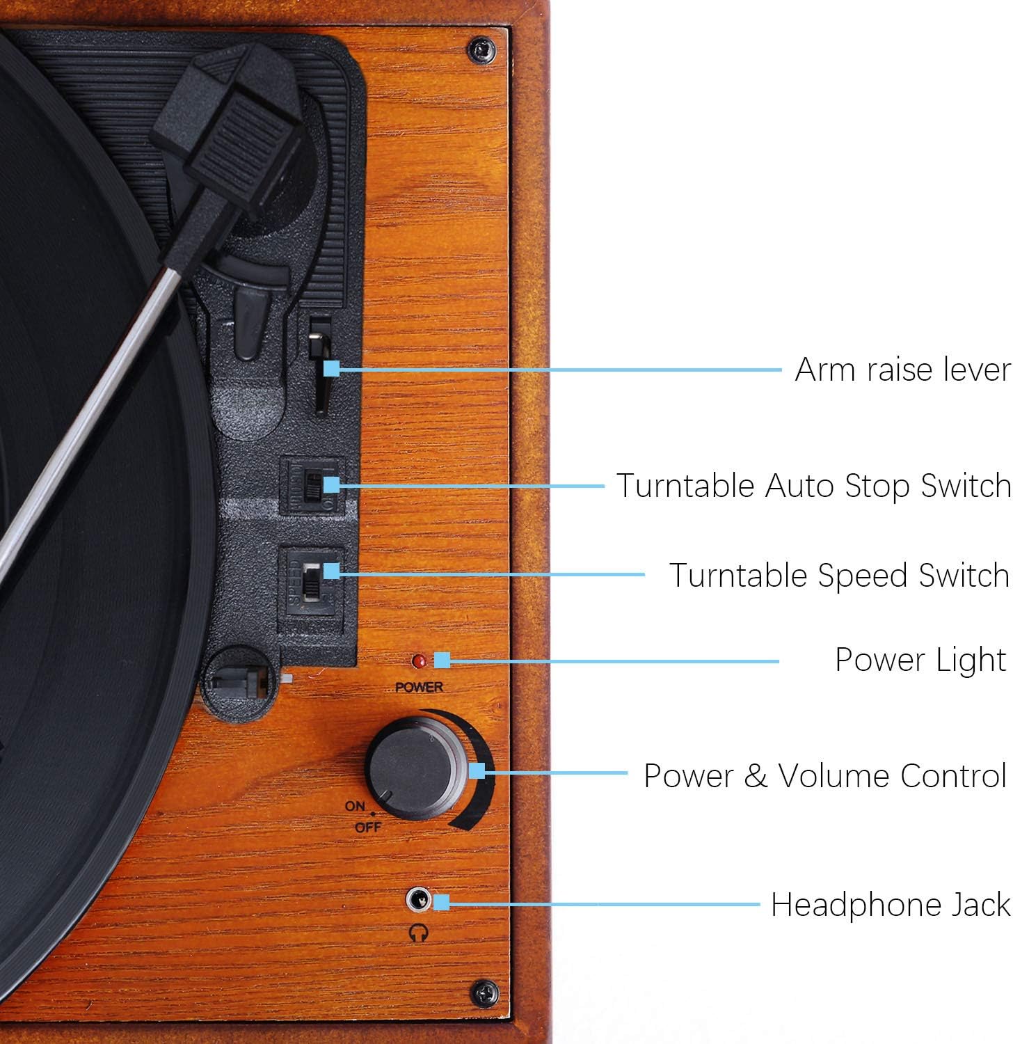 Musitrend Record Player Vinyl Turntable with Speakers, 3 Speed Suitcase Record Player Support Vinyl-to-MP3 Recording, Headphone Jack, Aux Input/RCA line Out (Wood)