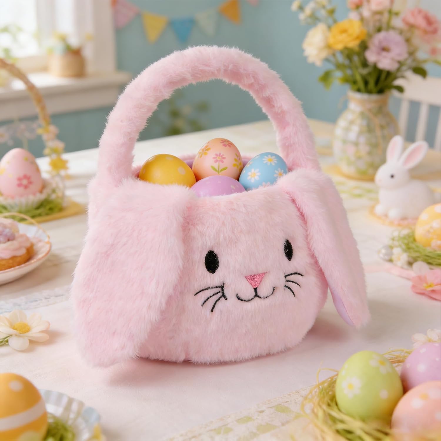 Foldable Plush Easter Bunny Basket Handle, Storage for Eggs,Candies & Gifts