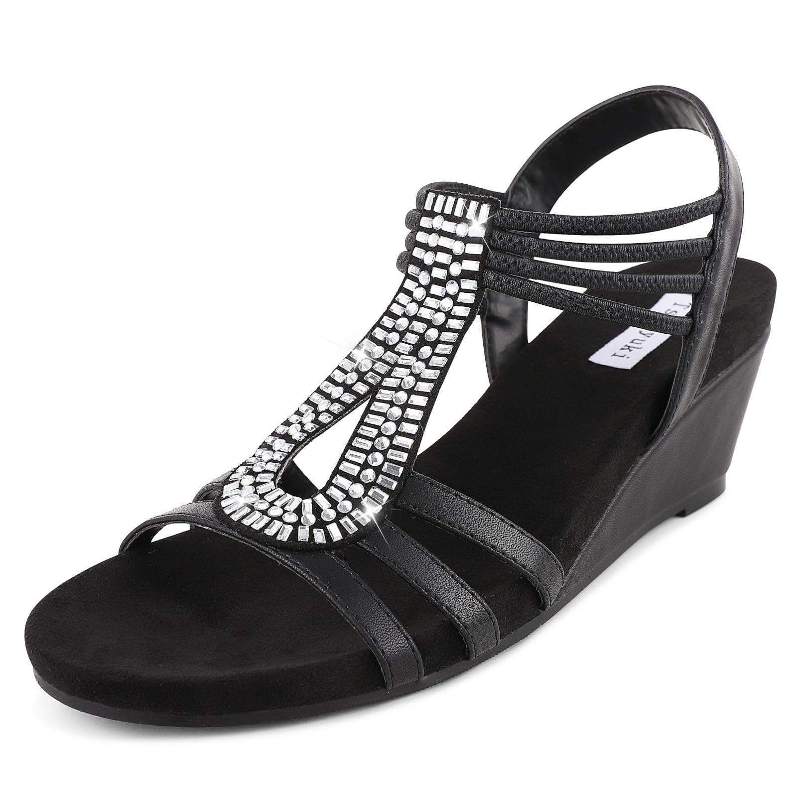 TscoyukiWomen's Valya Low Wedge Sandals Sparkly Rhinestone Elastic T-Strap Open Toe Fashion Wedding Dress Shoes for Women