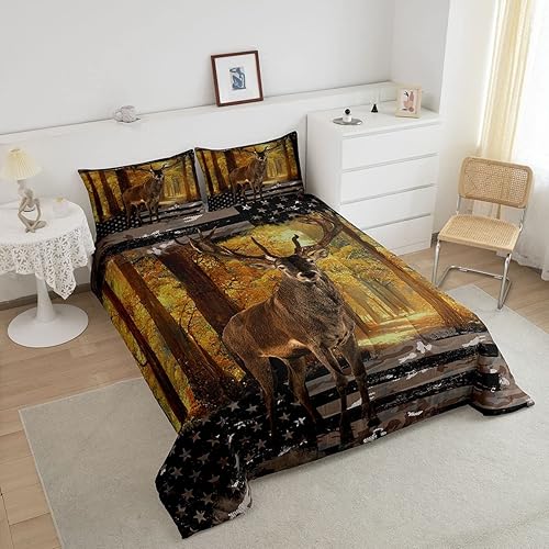Miniatura 3 de Erosebridal Juego de edredón de caza de ciervos, tamaño individual, ropa de cama de ciervos con bandera estadounidense, juegos de edredón de alce y