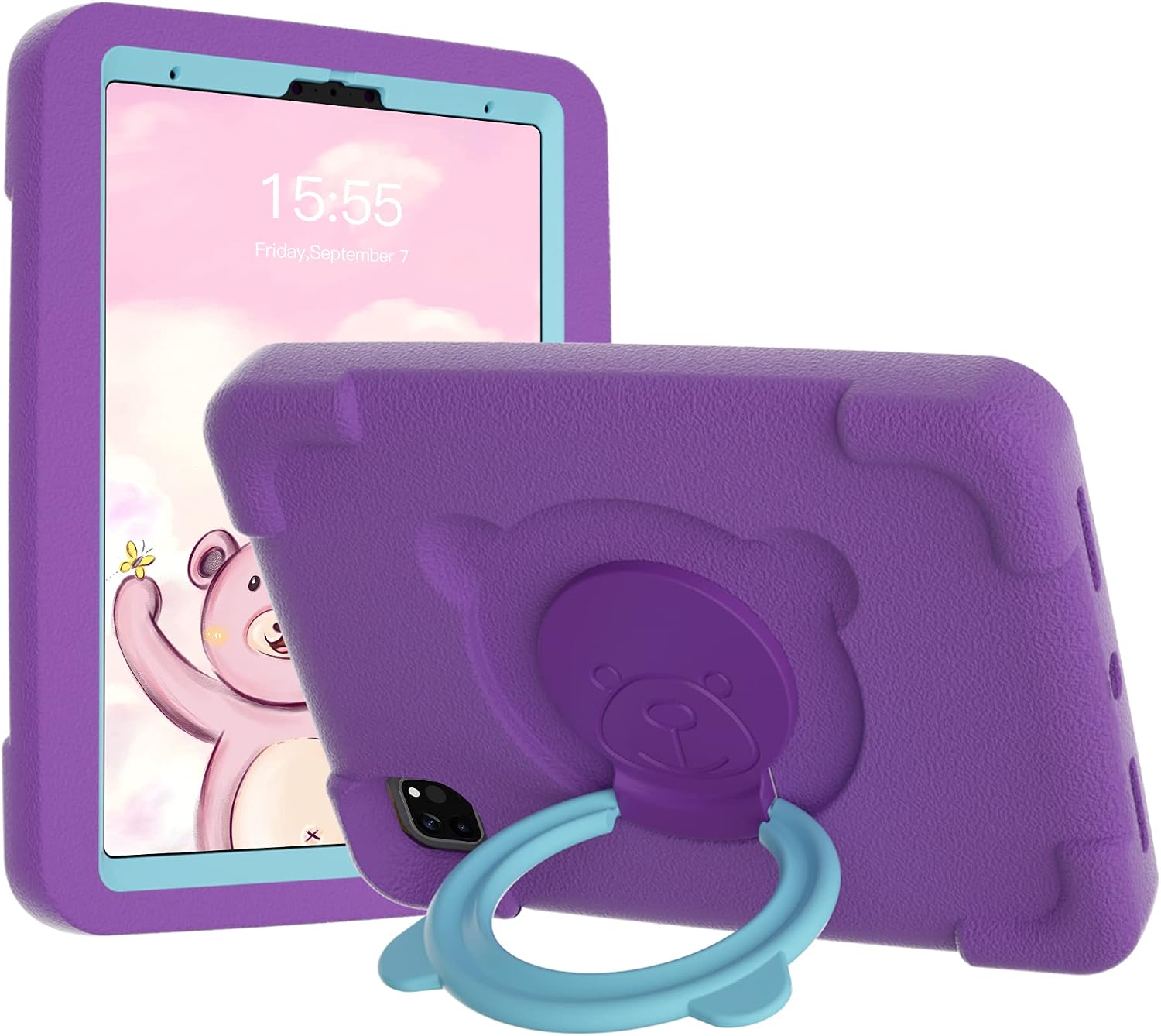PZOZ iPad Kids Case Compatible for iPad Pro 11 inch 2021 2020 2018(3rd /2nd /1st Generation), EVA Shockproof Rotate Handle Folding Stand Heavy Duty Protective Cute Cover for Boys Girls (Purple)