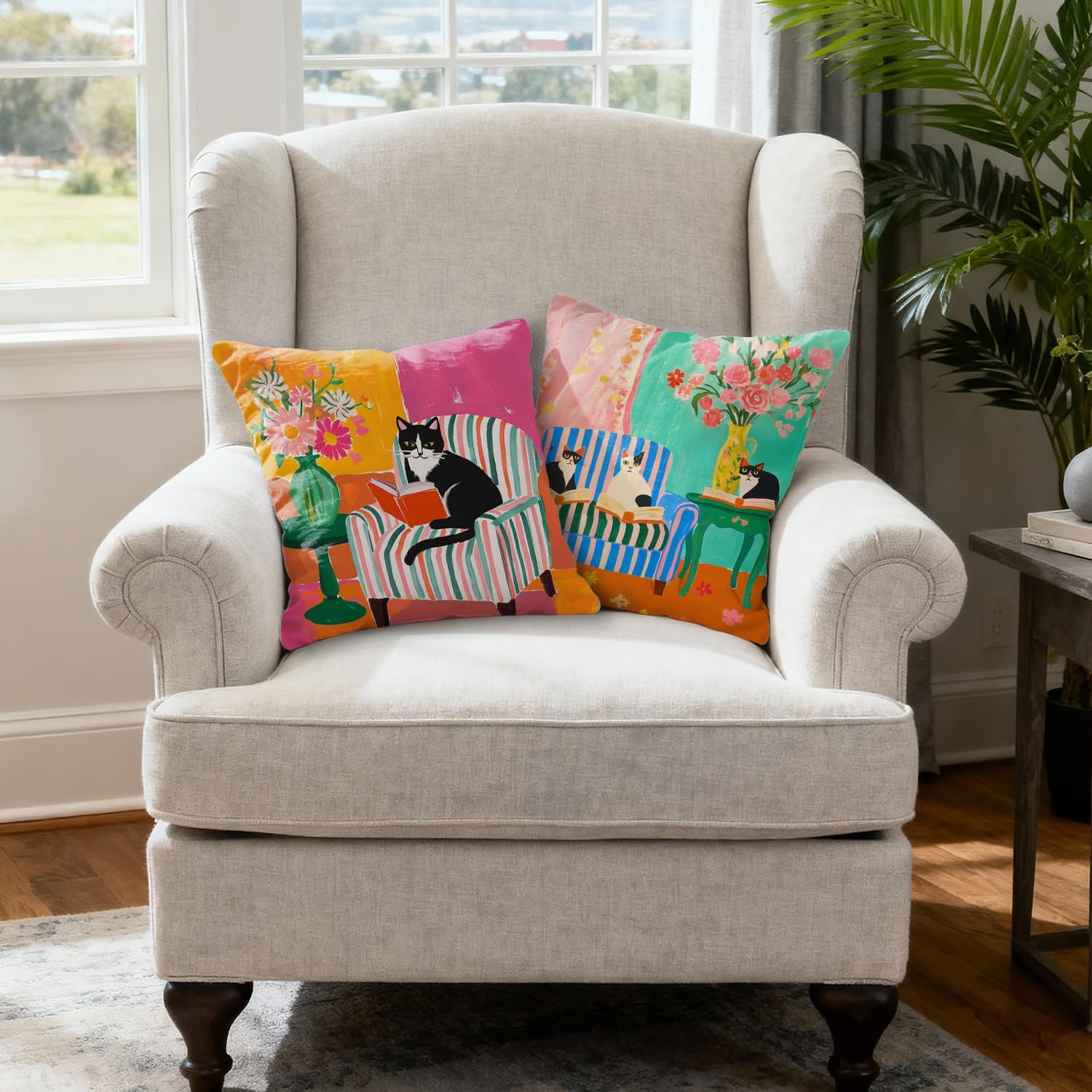 Maximalist Reading Tuxedo Cat Pillow Covers 18x18 Set of 2, Reading Room Nook Corner Decor, Dopamine Bookish Black and White Cat Decorative Throw Pillow Covers Pillowcases for Home Library image 4