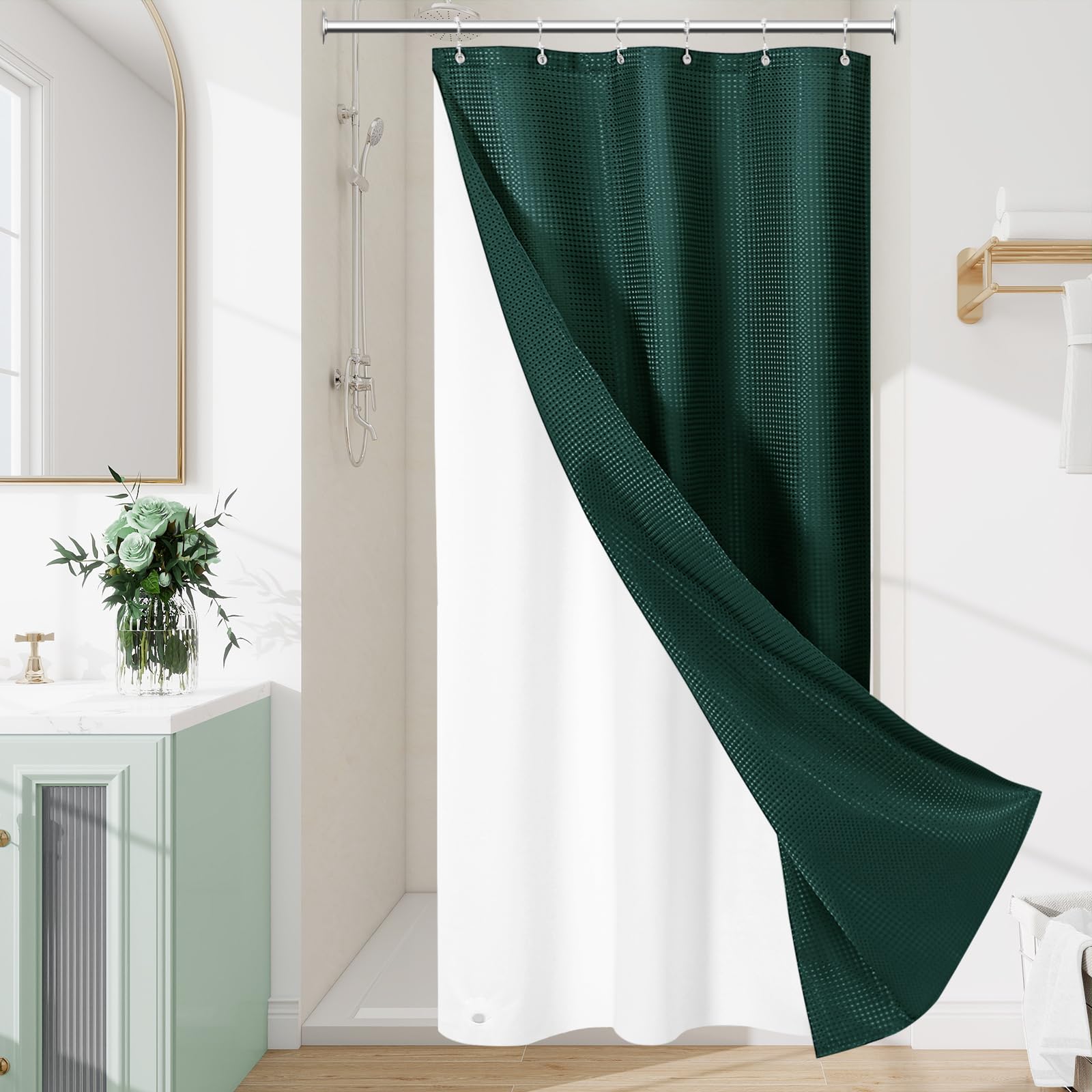 3 in 1 Dark Green Shower Curtain Set with PEVA Liner & 6 Hooks, 36 x 72