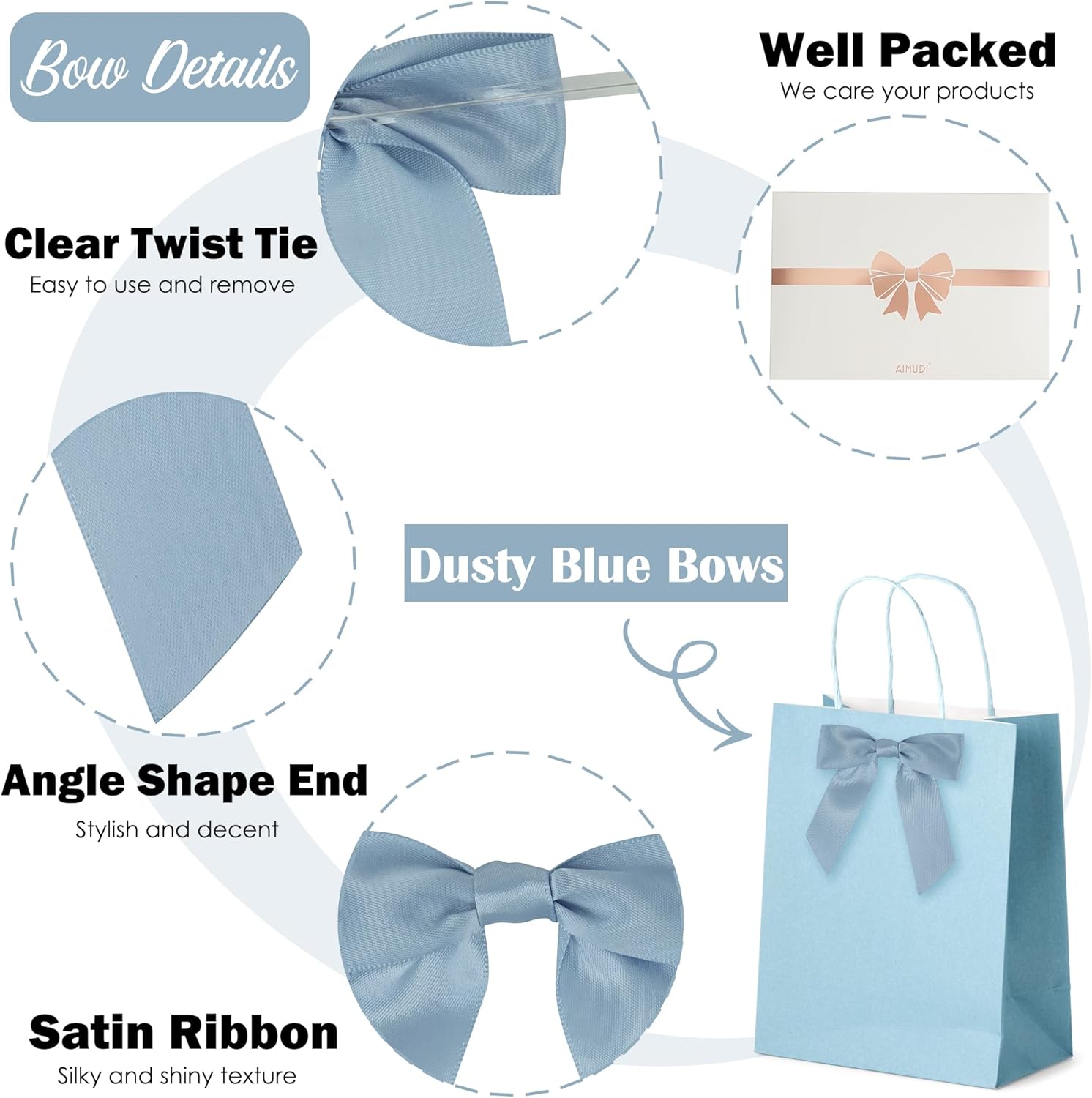 AIMUDI 5 Colors Dusty Blue Twist Tie Bows 3.5" Premade Blue Satin Ribbon Bows for Gift Wrapping Pre-Tied Treat Bows for Wedding Decor, Bridal Shower, Baby Shower, Wreaths, Party Favors - 50 Counts - Image 3