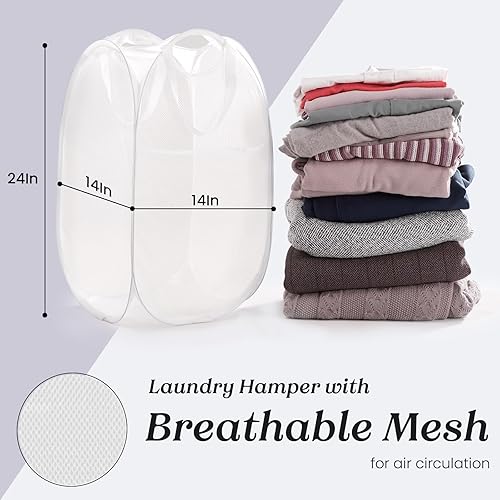 Miniatura 5 de TECHMILLY Cesta plegable de malla para la ropa sucia con asas resistentes y bolsillo lateral, cestas plegables portátiles para ropa para dormitorio,