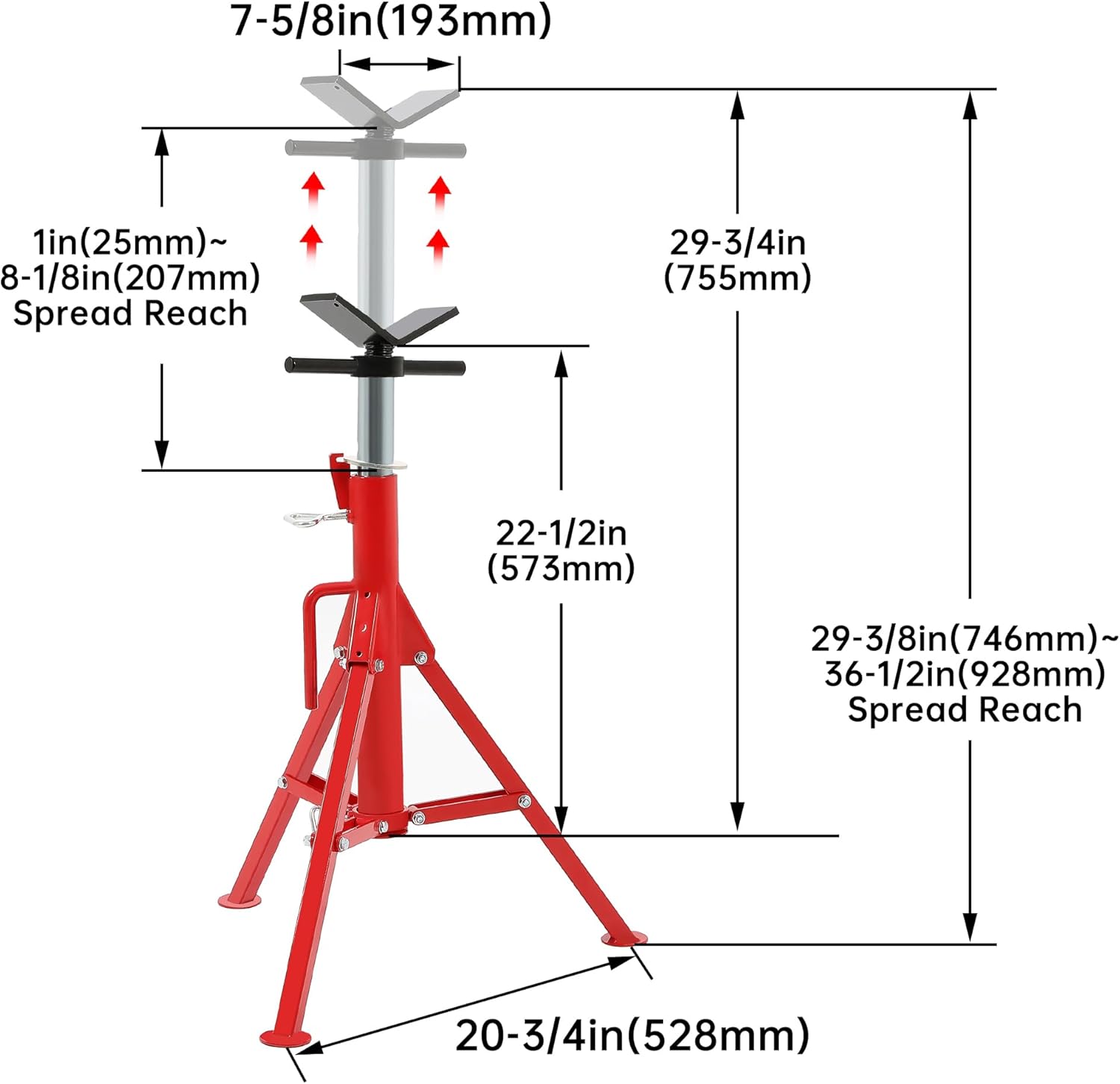 ECOTRIC V-Head Jack Stand Adjustable Height 28"-52" Folding Pipe Stand 2500 lbs Load Capacity Portable Stability Stand Steel Red