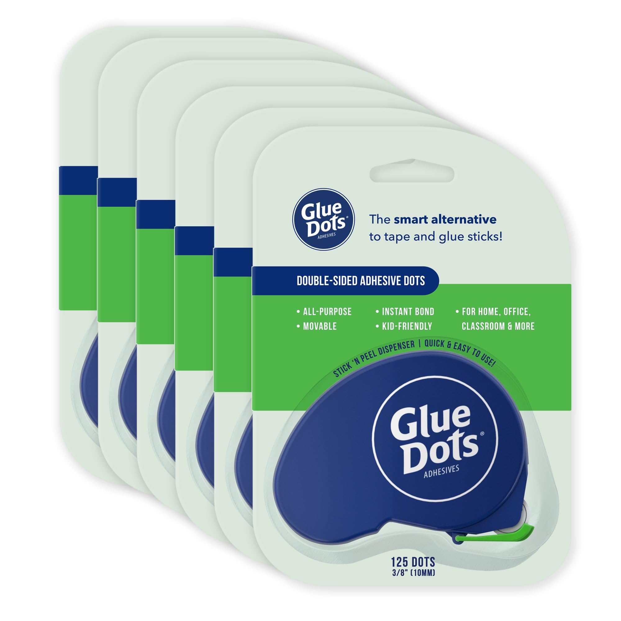 Glue Dots, Distributore per l'uso quotidiano, set di 6, 750 punti in totale, 0,95 cm, mobile, riposizionabile, multifunzionale, contenitori per etichette, stick di colla e nastro adesivo