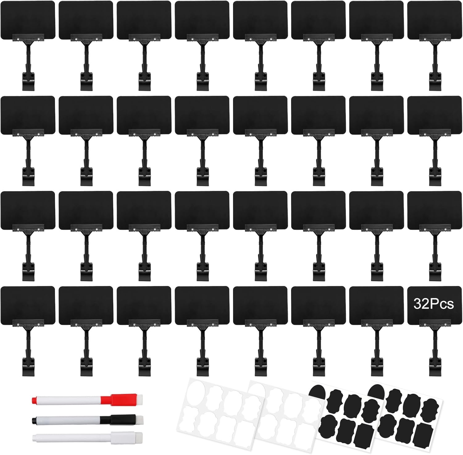 32 Set Clip Holder Chalkboard Sign Plastic Price Tag Display Rotating Holder Erasable Blackboard Double Head Clips for Store Supermarket Shelf Merchandise (Black)