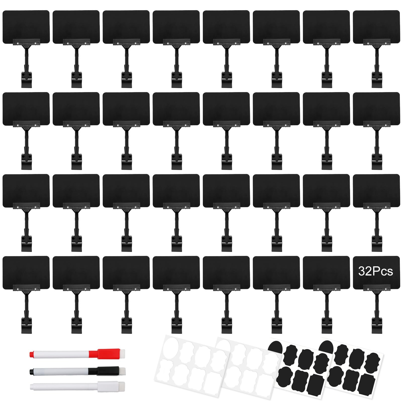 32 Set Clip Halter Kreidetafel Schild Kunststoff Preisschild Display Drehbarer Halter Löschbare Tafel Doppelkopf Clips für Geschäft Supermarkt Regal Merchandise (Schwarz)