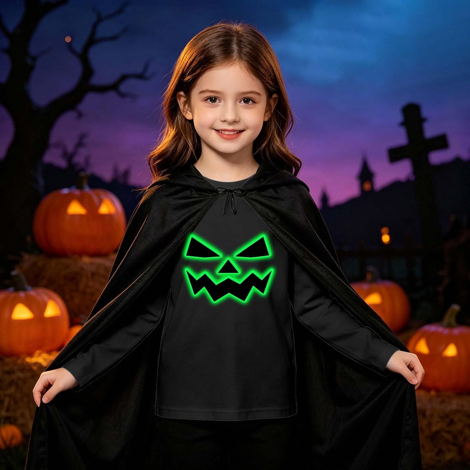 Girls Glowing Angry Pumpkin Face Halloween Hoodie Sweatshirt
