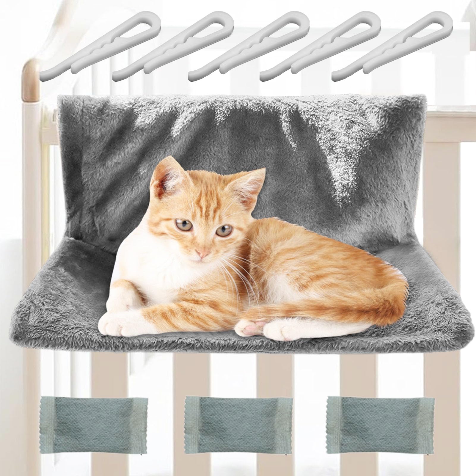 Happi N Pets Groot kattenbed voor verwarming, zacht verwarmend bed voor katten, verstelbare haak voor verschillende verwarmingen, kattenhangmat voor verwarming, (Grijs, 65x36x27cm