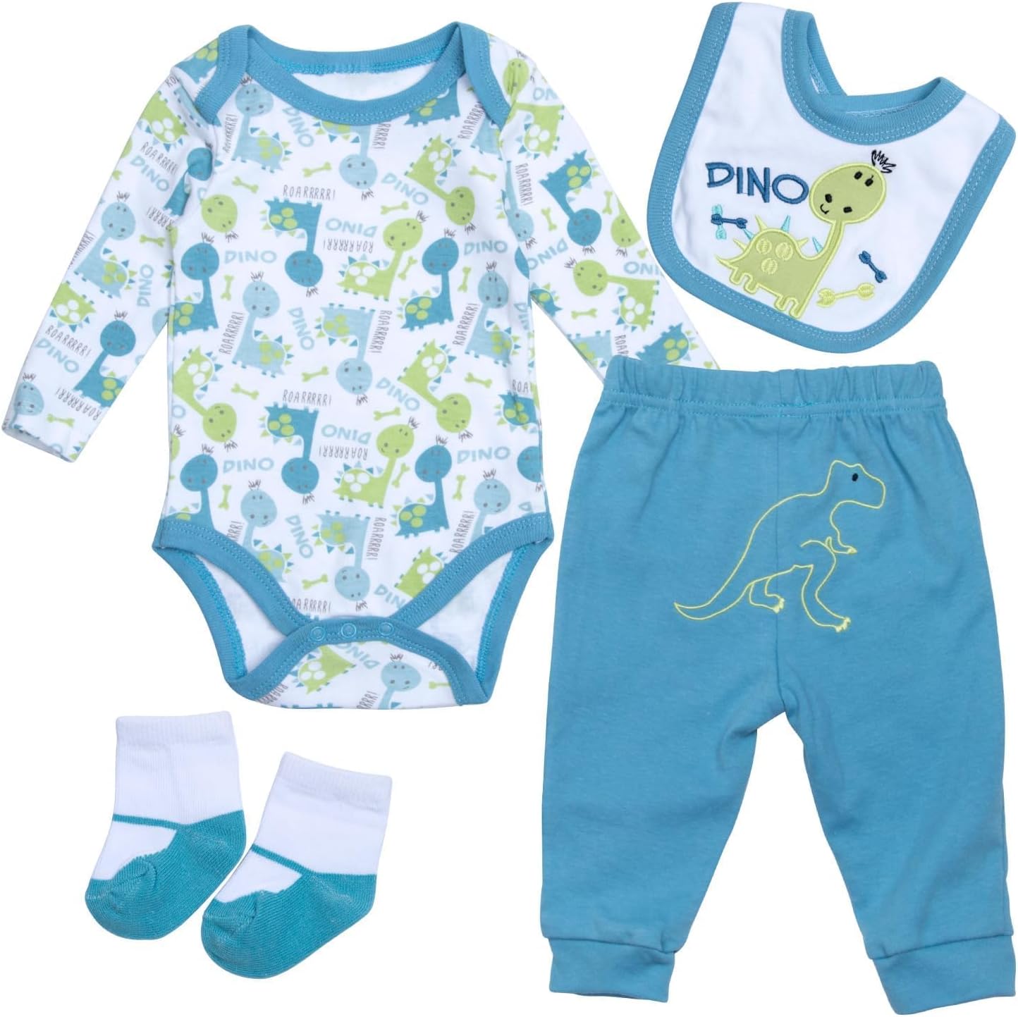 4 Pcs Reborn Baby Doll Clothes Boy Outfits Accessories for 17-22 Inch Dolls | Blue Dinosaur Boy Baby Doll Clothes with Matching Bib Socks, Newborn Doll Accessories for Dress-up Bedtime Pretend Play