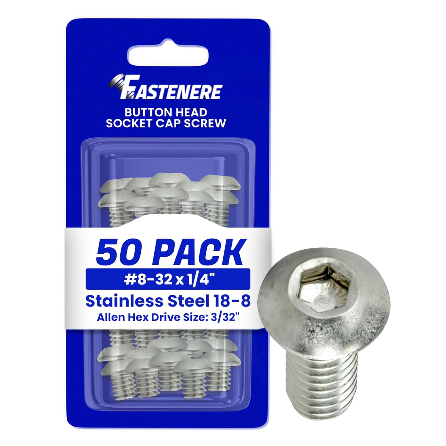 Fastenere Button Head Socket Cap Screws - 8-32 x 2-1/2" (50 Pack) Stainless Steel 18-8, Full Thread, Bright Plain Finish, Corrosion-Resistant, Machine Thread, Easy to Install w/Allen Socket Drive