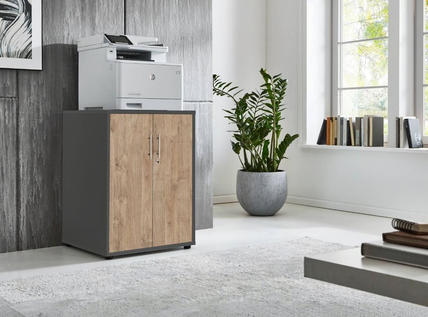 moebel-dich-auf Druckerkommode Druckerschrank TABOR 2-türig Metallgriffe Korpus anthrazit Front Gold Harbor Oak 74 cm hoch
