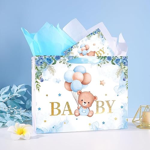 Miniatura 3 de Bolsas de regalo grandes para bebé de 13 pulgadas con papel de seda y tarjeta de felicitación (oso de balón y floral), bolsas de regalo de tamaño