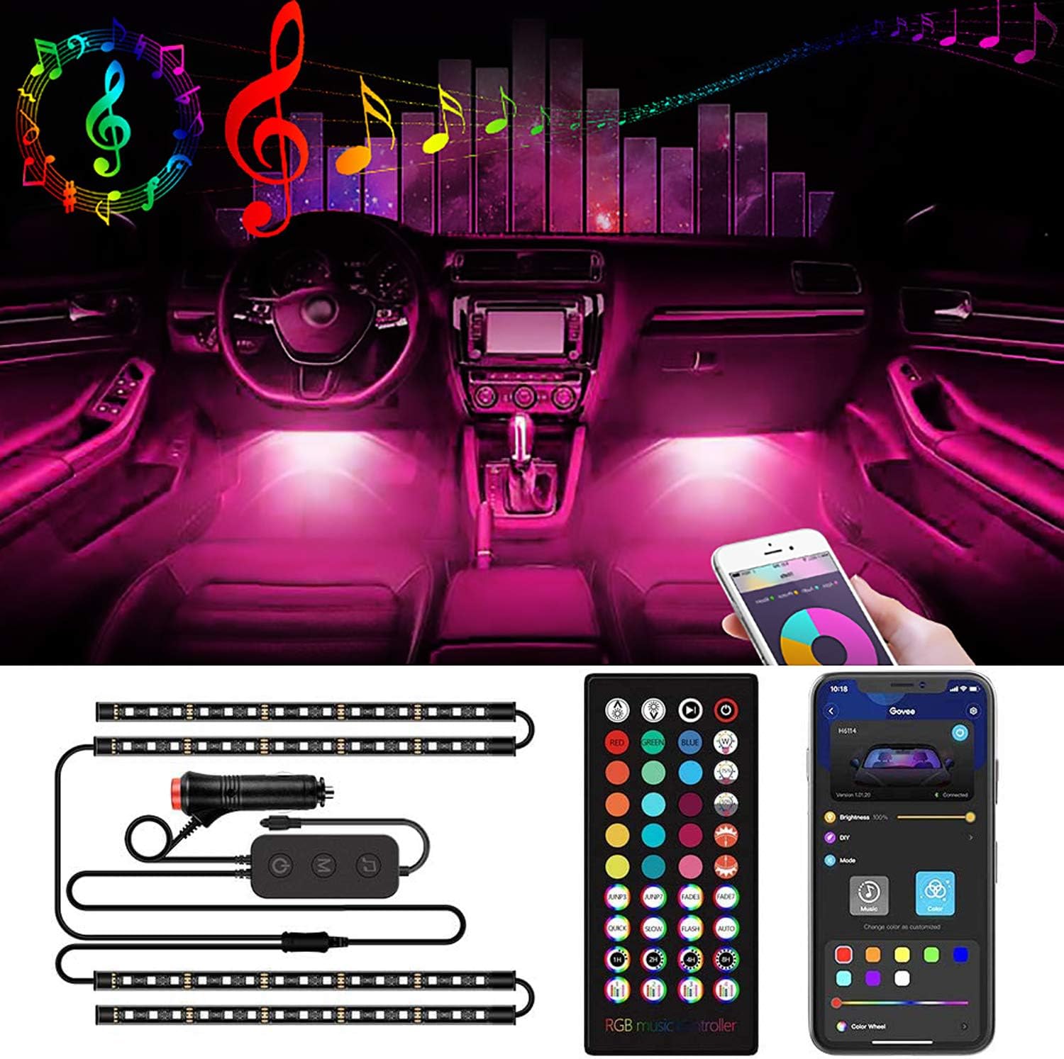 Interior Car LED Strip Lights 60 LED Music Sync Dosocu RGB Automotive Atmosphere Lighting LED Neon Accent Light Under Dash Lighting Kits APP Remote Control with Car Charger DC 12V Inside Vehicle : Automotive