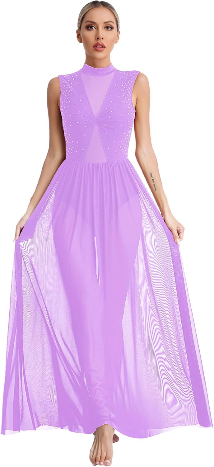 ranrann Women's Lyrical Dance Dress Shiny Rhinestone Modern Contemporary Dancewear Backless Leotard Long Skirt