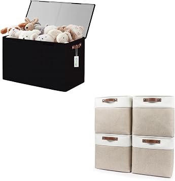 Bagnizer Large Toy Storage Box with Lids Black+Collapsible Fabric Storage Cubes 13x13 Beige&White