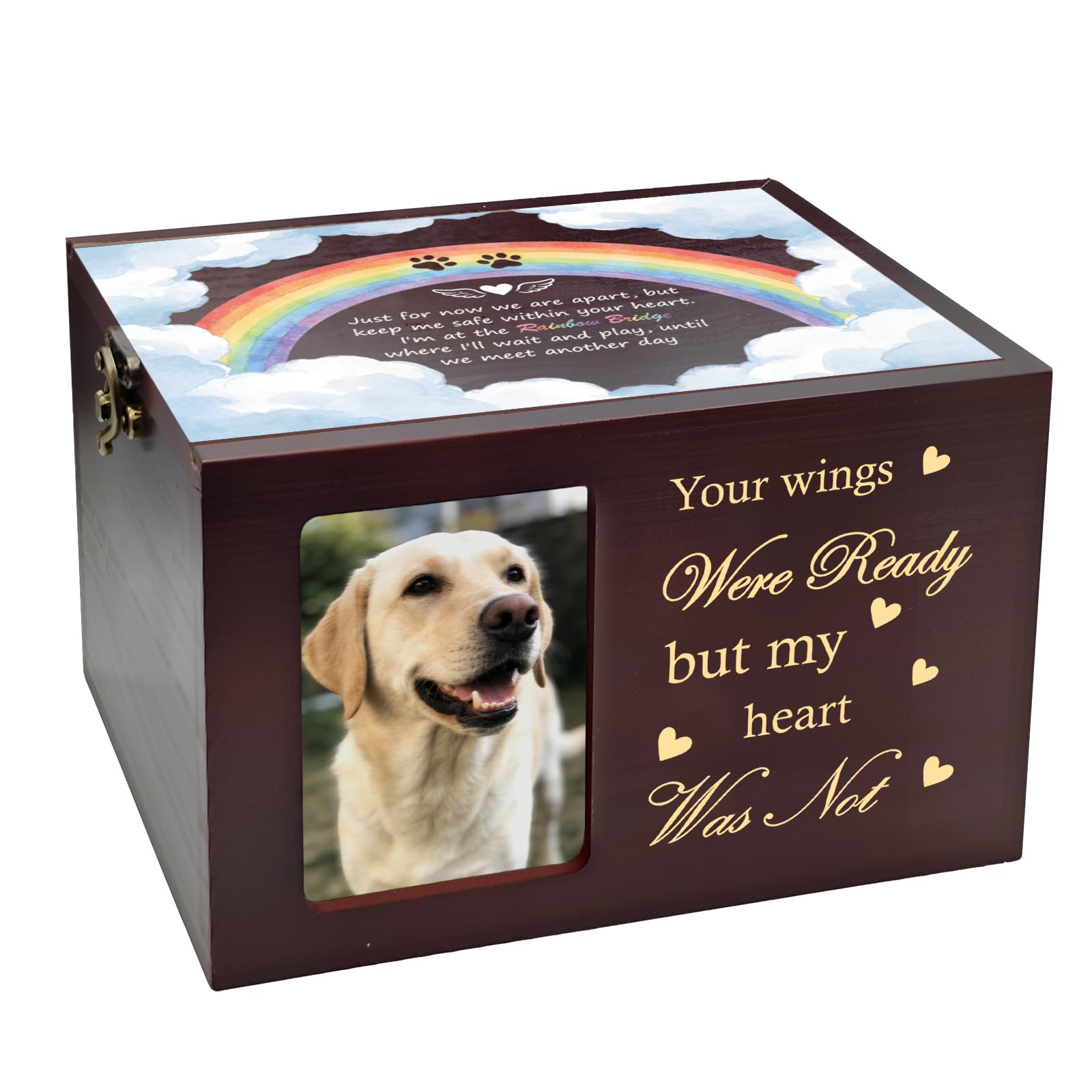 GLASSWINDS Pet Urns for Dog & Cat Ashes, Wooden Cremation Urn Memorial Keepsake Box with Photo Frame, Large Sympathy Remembrance Gift with Flannel Lining(Rainbow Bridge)