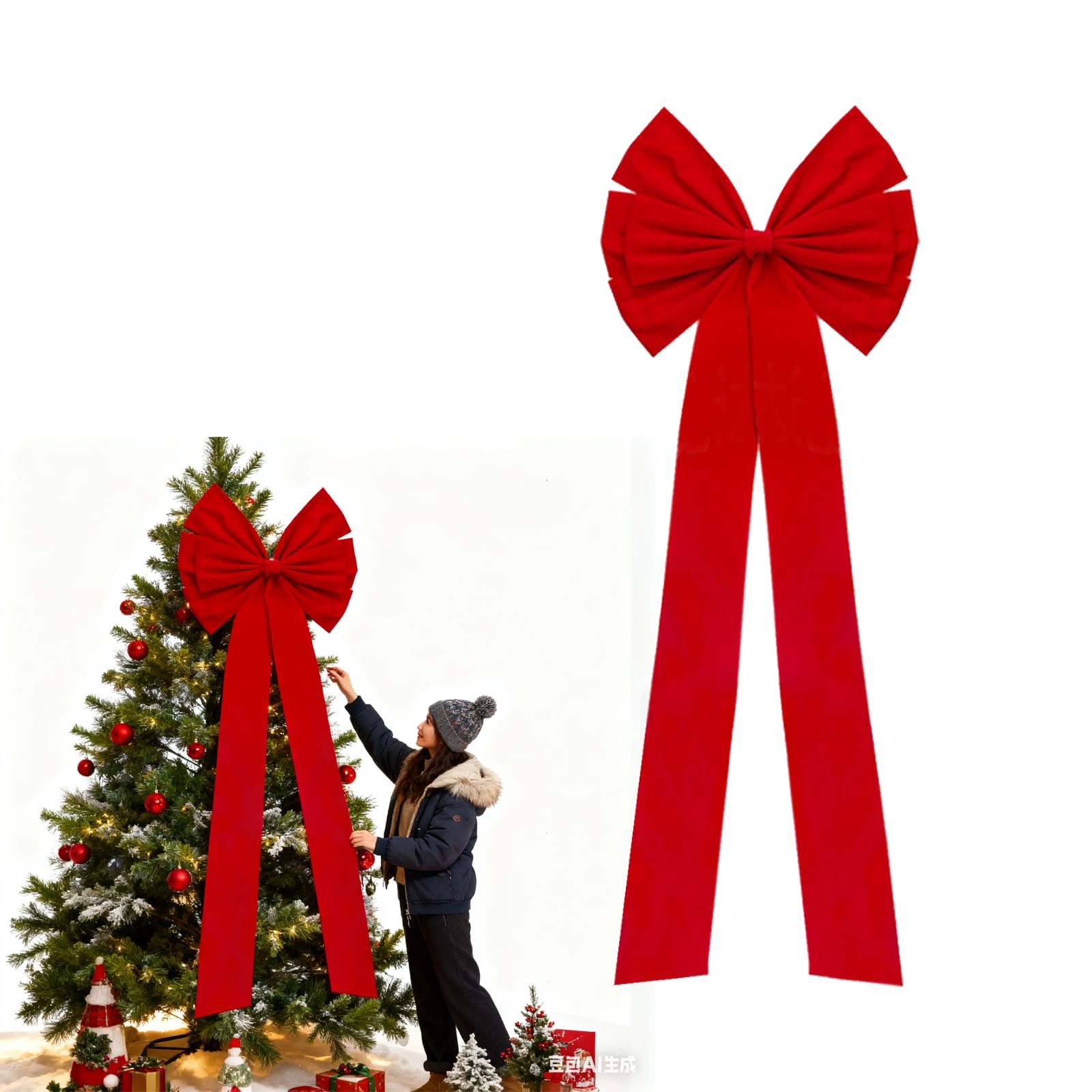 Dorclife 1.8M Red Christmas Tree Topper Bow Christmas Tree Decorations Bow Large Velvet Bow with Long Streamers for Wreath Door Holiday Party Festival Xmas Decoration Supplies