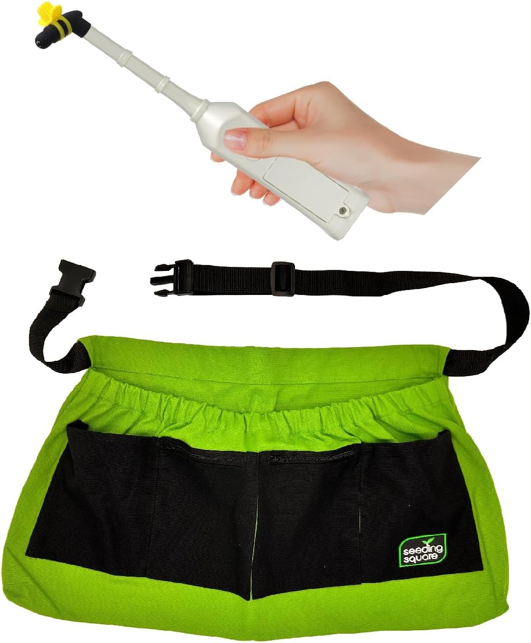 Seeding Square Green Harvest Apron + Hand Pollinator Bundle – Garden Apron for Collecting Deadheaded Flowers with Pollination Tool for Healthy Blooms & Growth