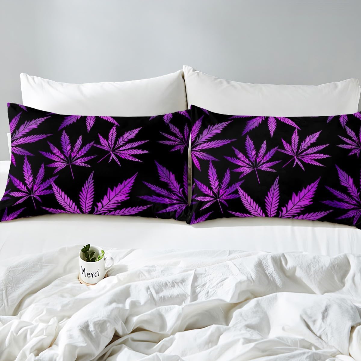 Feelyou Marijuana Leaf Bed Sheets Weed Leaf Botanical Sheet Set for Kids Men Women Adults Cannabis Leaves Bed Set Luxury Puple Hemp Sheets Room Decor 4Pcs Queen Size