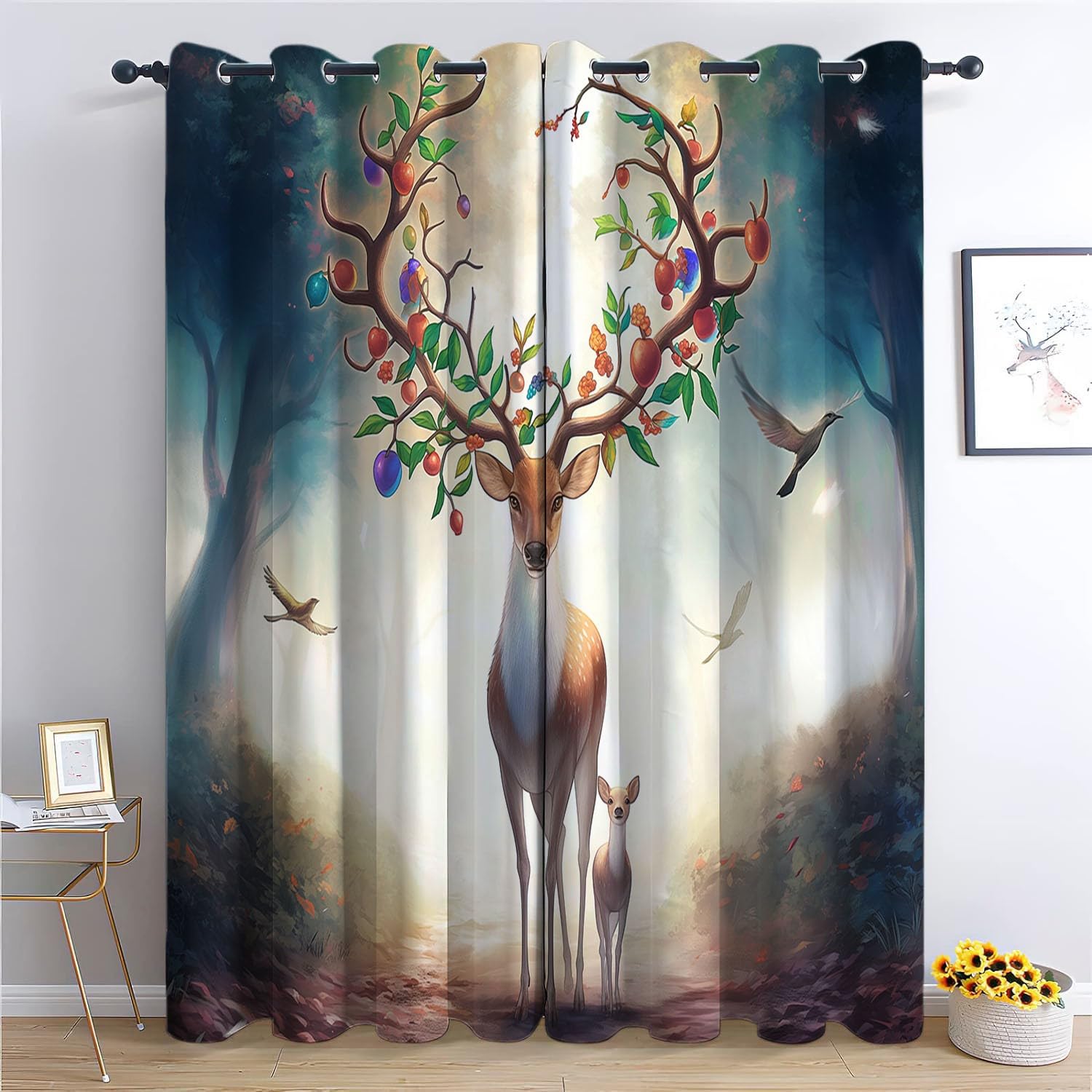Rideau occultant cerf animal forestier thermique à oeillets chambre enfant