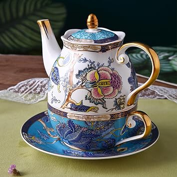 D, Tea Set for One Teapot and Cup Set,Bone China Tea for One Set,Elegant Porcelain Tea Set for Floral Tea, Tea, Coffee, for Gift Giving, Gatherings, Teatime