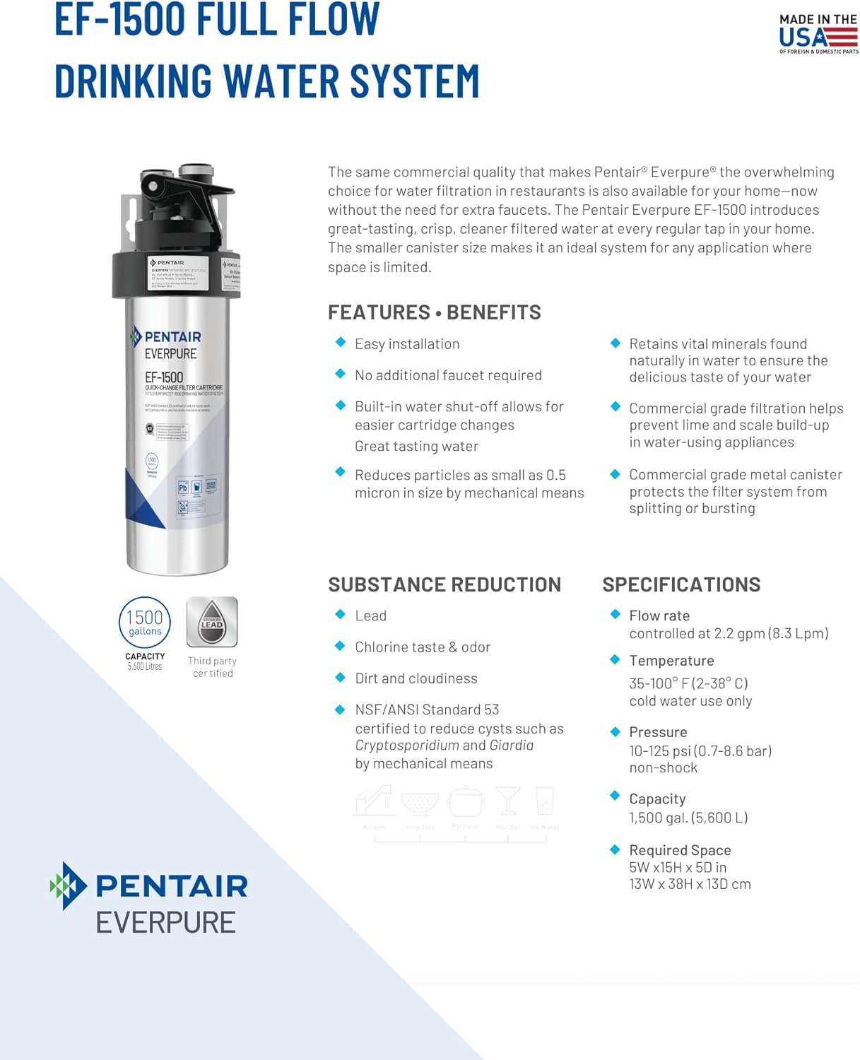 Detailed product sheet for Everpure EF-1500 Full Flow Drinking Water System, showing features, benefits, substance reduction, and specifications.