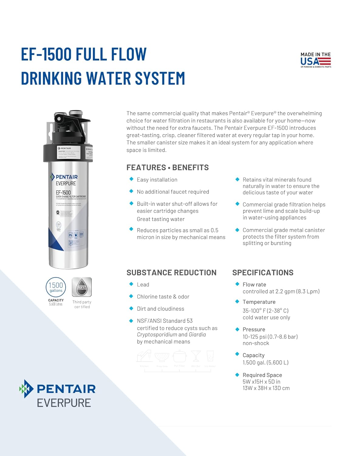 Pentair Everpure EF-1500 Quick-Change Filter Cartridge, EV985850, NSF Certified to Reduce Lead, For Use in Everpure EF-1500 Full Flow Drinking Water System, 1,500 Gallon Capacity, 0.5 Micron - Image 4