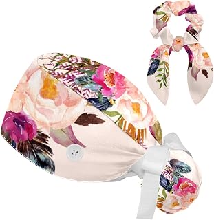 FVQL 2 Pieces Surgical Cap for Long Hair Scrub Cap with Hairband Nurse Cap, Leaf Flower and Feather