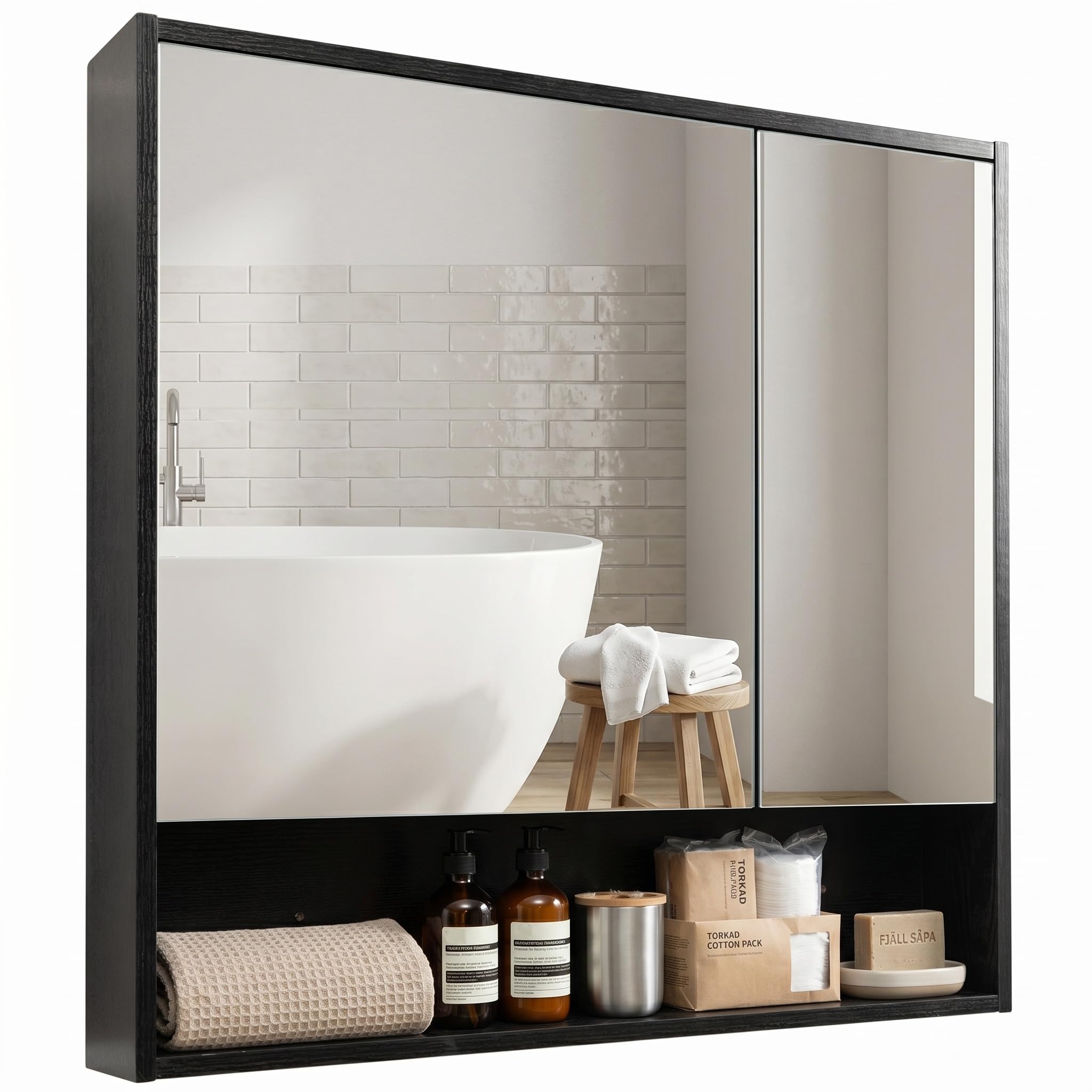 HollyHOME Armadietto a specchio da bagno con ripiano, mobile bagno con porta a doppio specchio, montaggio a parete, armadietto per WC, colore: nero