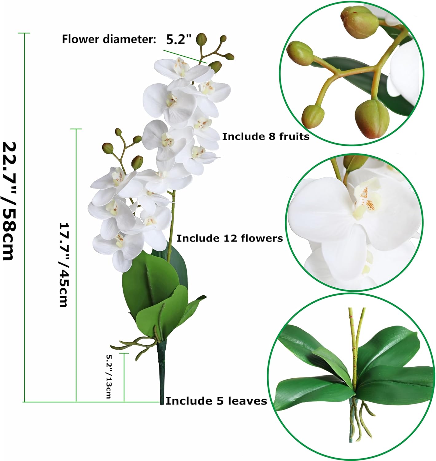 2 Branches Artificial White Phaleanopsis Flowers Faux Orchids Stems Leaves Plants for Home Bonsai Garden Decoration (White)