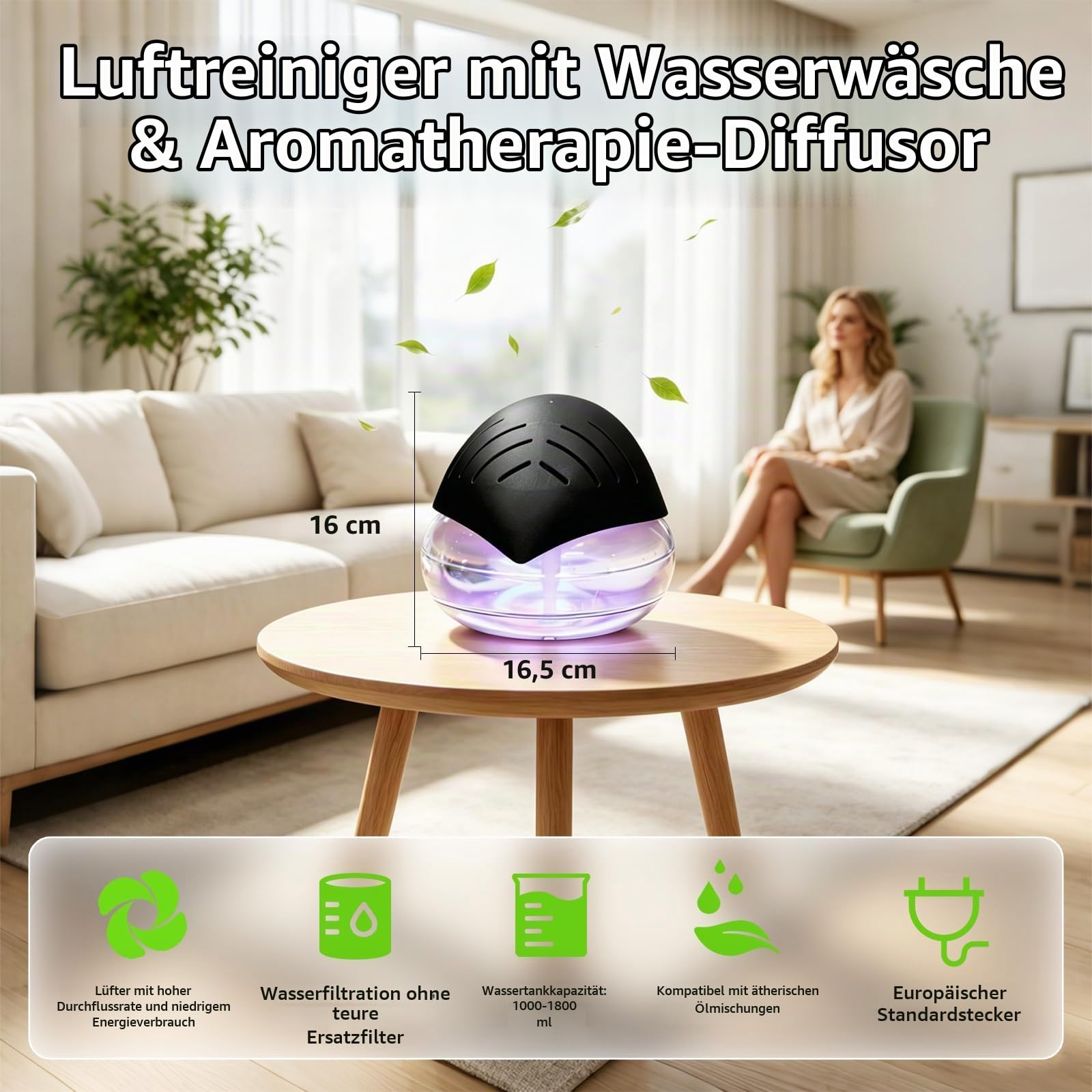 Lufterfrischer Luftbefeuchter Aroma Diffuser Ioniser with 30ml Essential Oils, Aromatisierer Raumluftreiniger, Water Air Purifier &Colour Changing LED Light/Schwarz