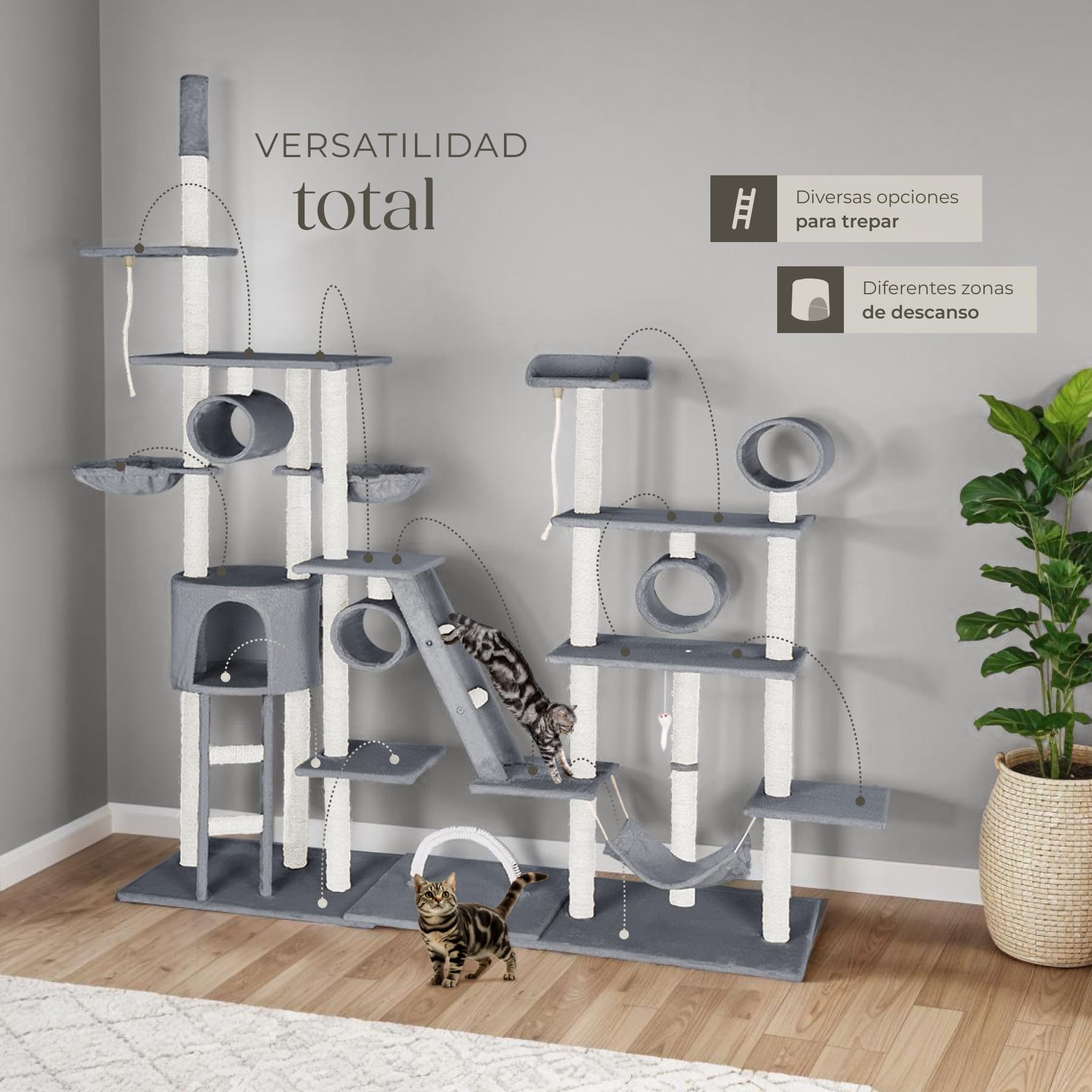 tectake® árbol rascador para gatos, con casita, 2 nidos giratorios, plataforma, hamaca, sistema antivuelco, ratón de juguete, cama para gatos, rascador gato, postes de sisal - 261 cm alto Gris
