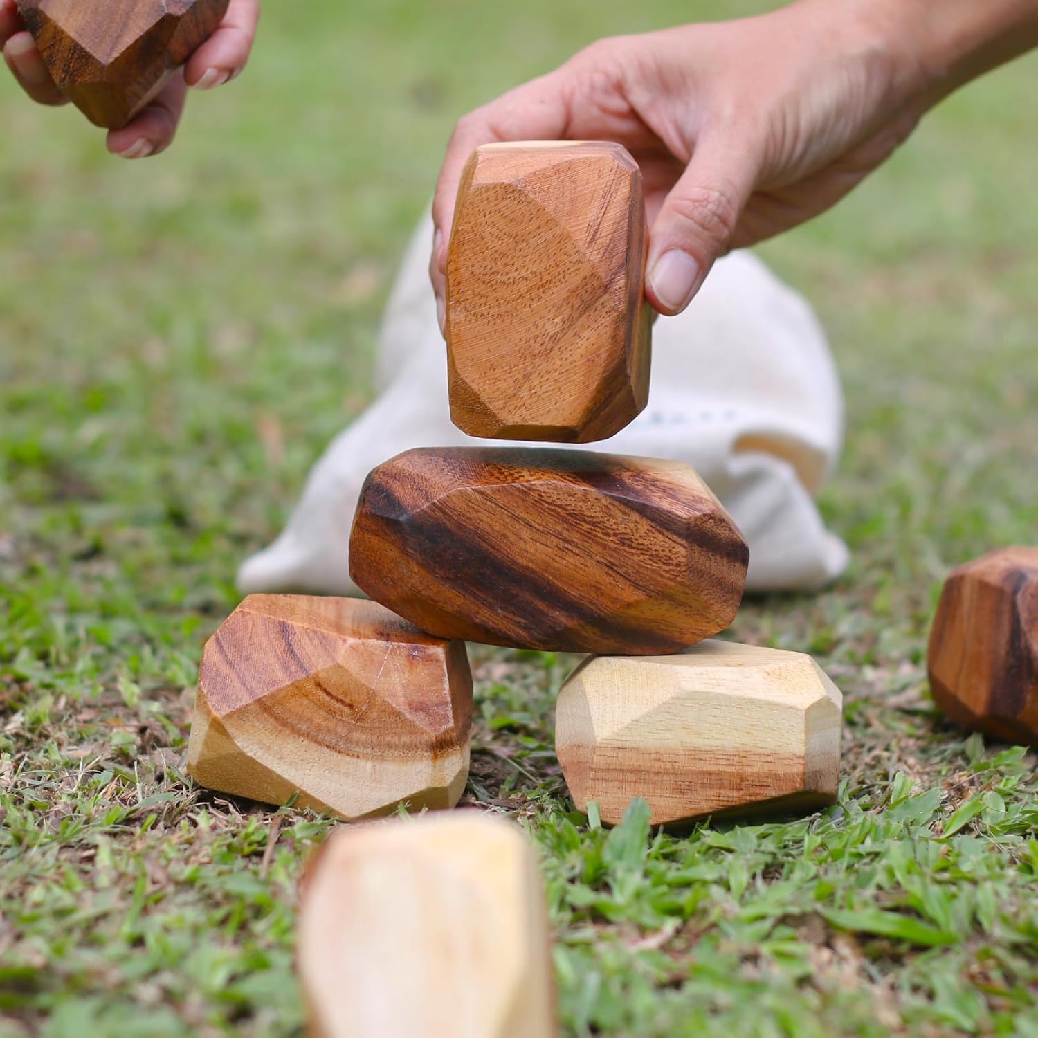SiamMandalay 12 Pcs. Wooden Balancing Blocks: Handmade Meditative Educational Game Sensory STEM Toy Stacking Game Wood Balance Rocks Set (Tum ISHI) Montessori with Cotton Bag