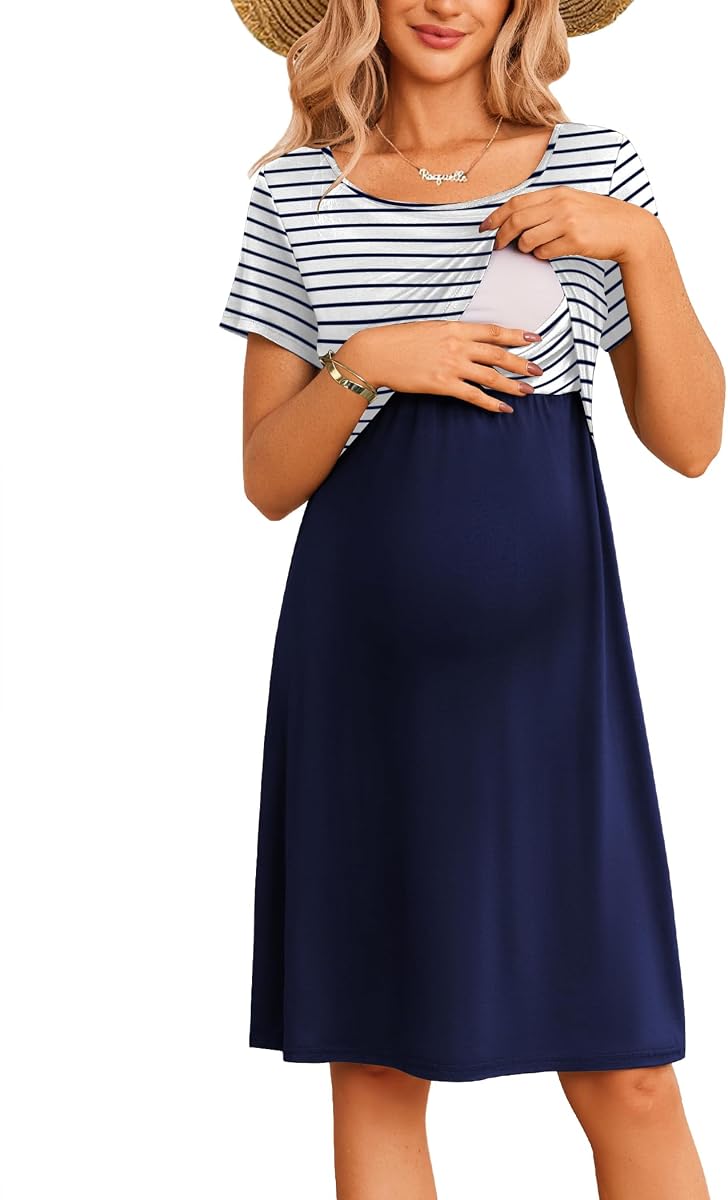 Vestido de verano de maternidad Vestidos de embarazo aptos para lactancia materna | Vestido de maternidad de verano, diseño de manga corta, estilo hasta la rodilla, vestido de parto y posparto, uso diario