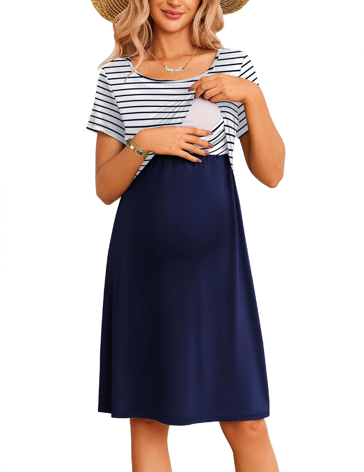 Ekouaer Women's Nursing Dress Summer Short Sleeve Patchwork Maternity Breastfeeding Knee Length Dress